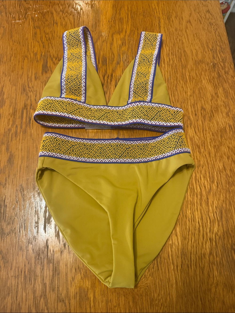 High-Waist Olive Green Bikini Set with Patterned Trim